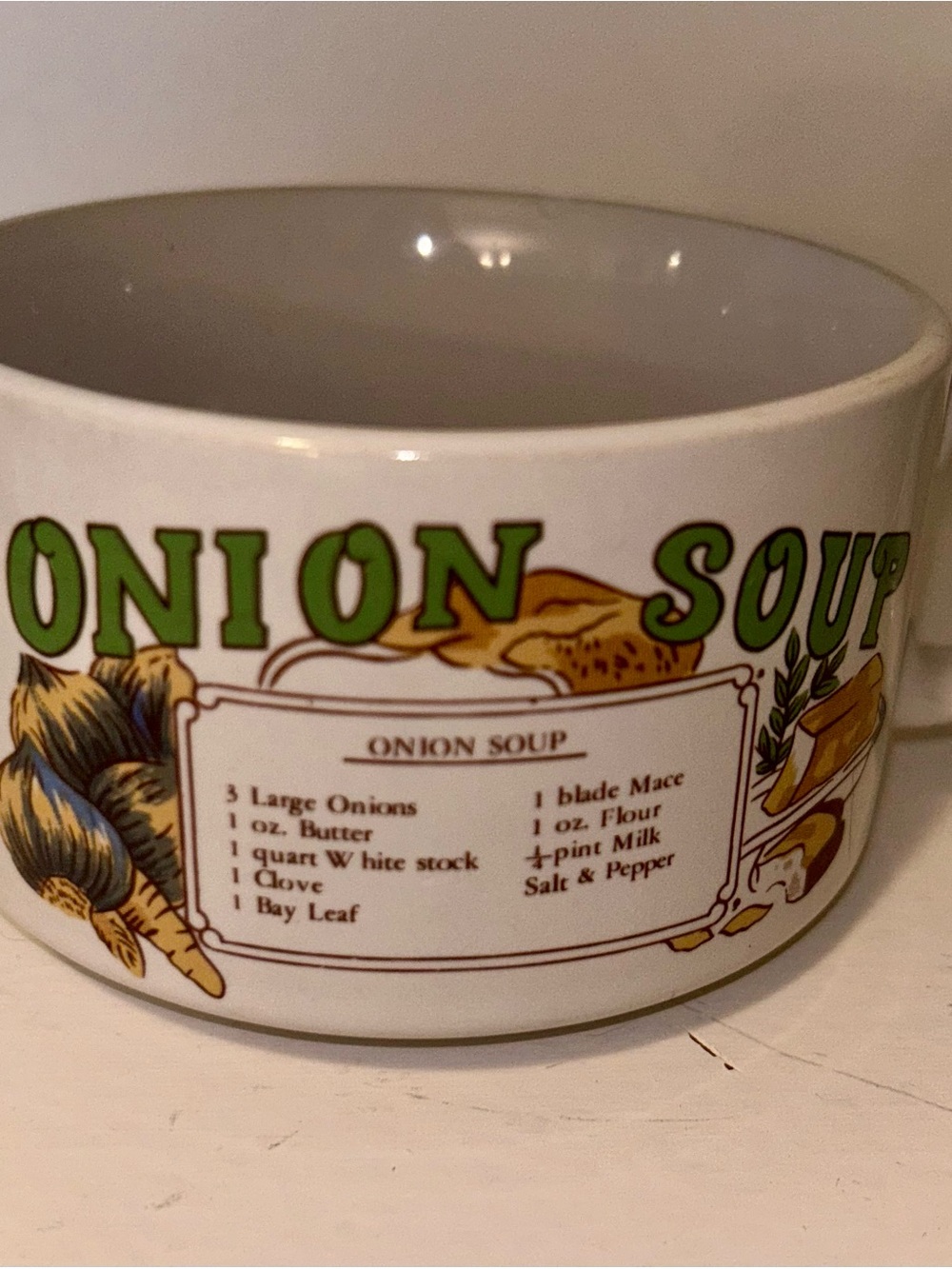 Onion Soup Recipe Ceramic Bowl - Green Lettering